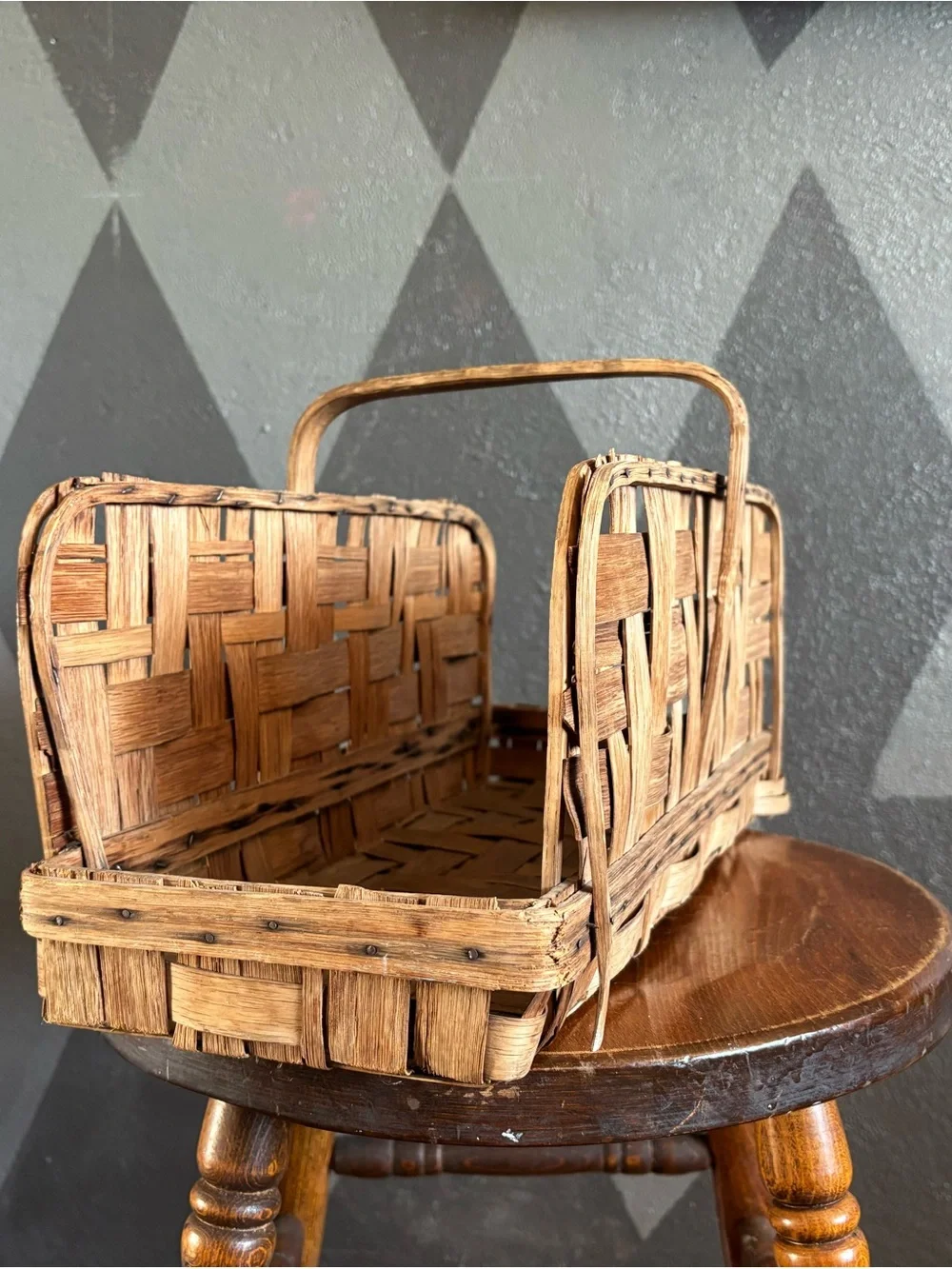 Vintage Woven Wood Basket with Large Handle – Rustic Primitive Decor
